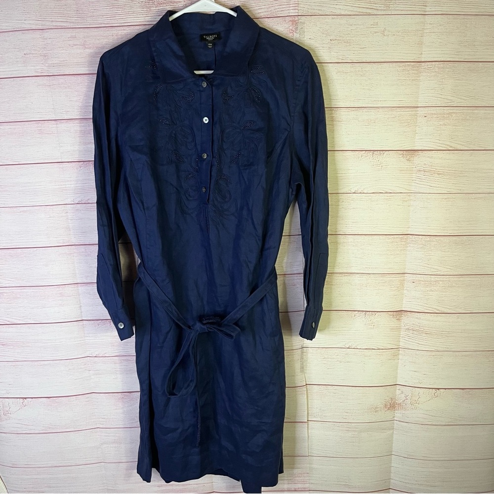 Talbots Blue 100% Linen‎ Belted Embroidered Beaded Tie Dress Size 14W